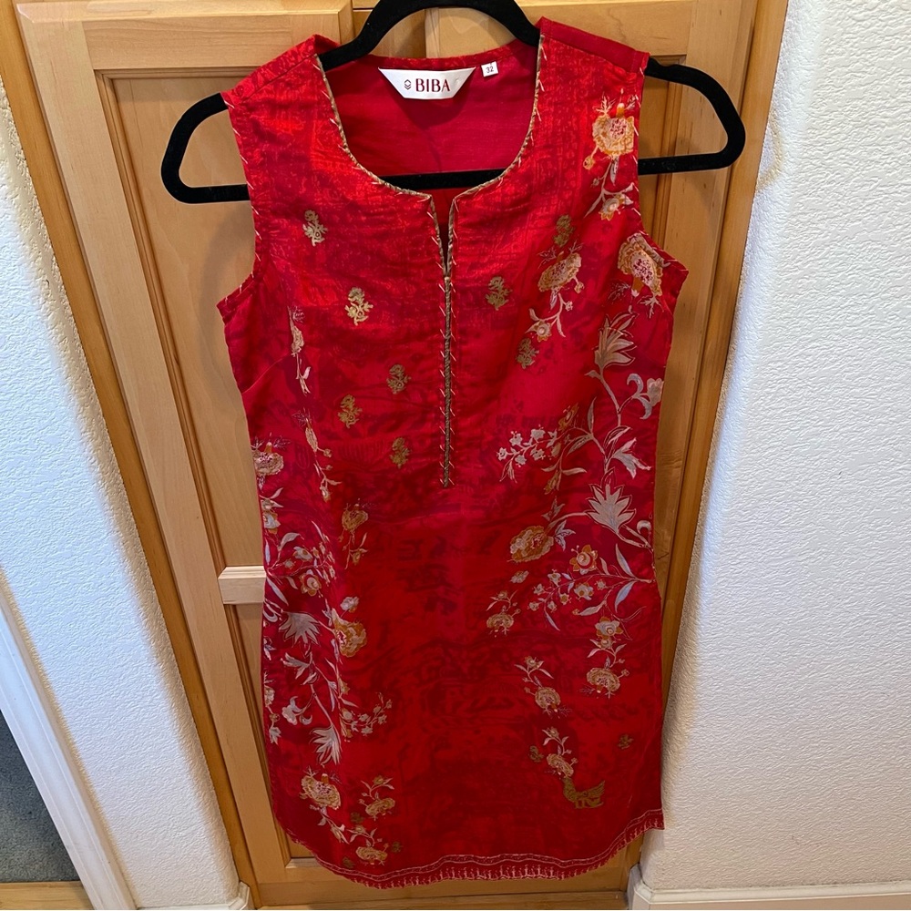 Biba Red Gold Sheath Cocktail Dress Size Medium
